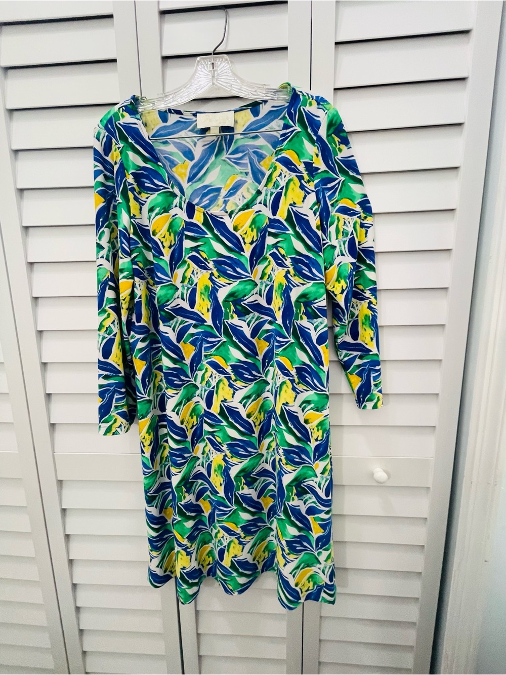 Pappagallo Vibrant Blue Green Yellow Leaf-Print Shift Dress Size L